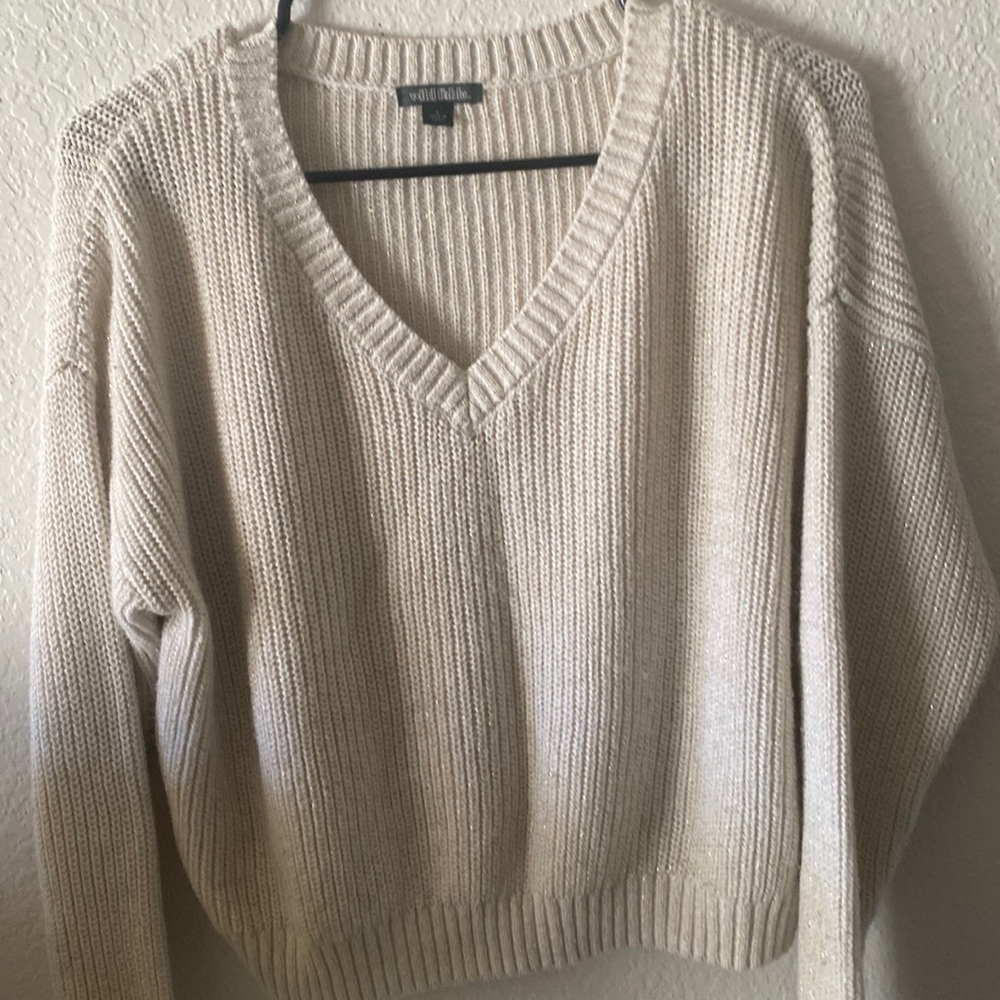 Wild fable size L, v-neck, slightly cropped length cream and gold sweater.